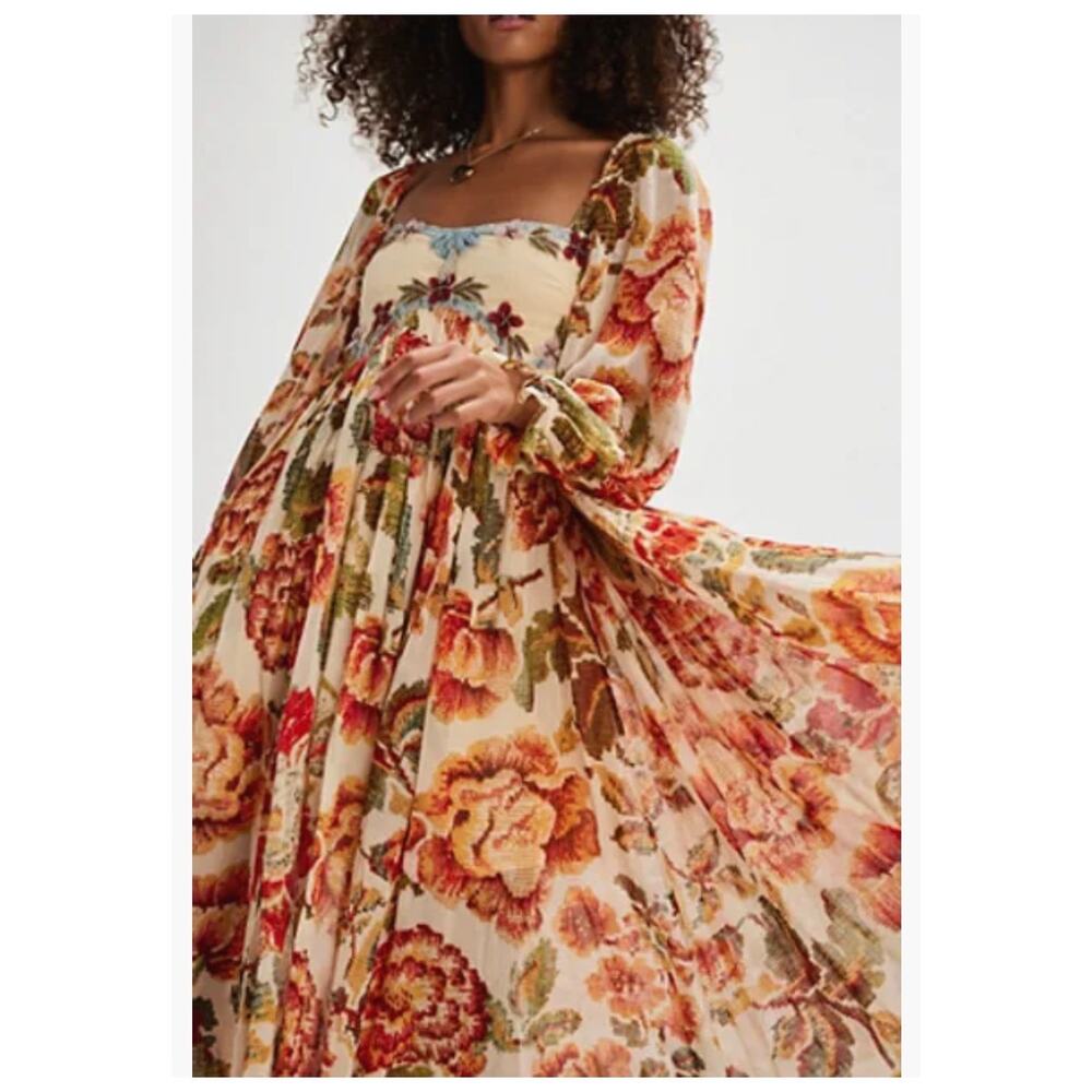 FREE PEOPLE Timeless Tapestry Maxi Dress Handkerchief Hem Boho Large NWT - Picture 3 of 13